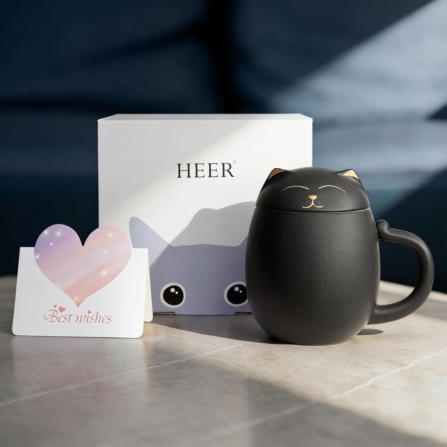 HEER Black Cat Ceramic Tea Mug 13.5oz with Infuser and Lid, Black | Cat Lover & Cat Mom Birthday Gift for Women, Perfect for Loose Leaf Tea, Tea Strainer Cup for Home & Office Use