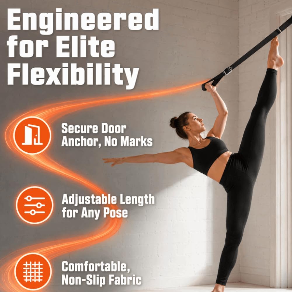 Over Door Ballet Leg Stretch Strap with Door Anchor, Black | Door Anchor Included, Metal Buckles And D-Rings, Storage Pouch, Splits And High Leg Stretches, Home Studio Gym Travel