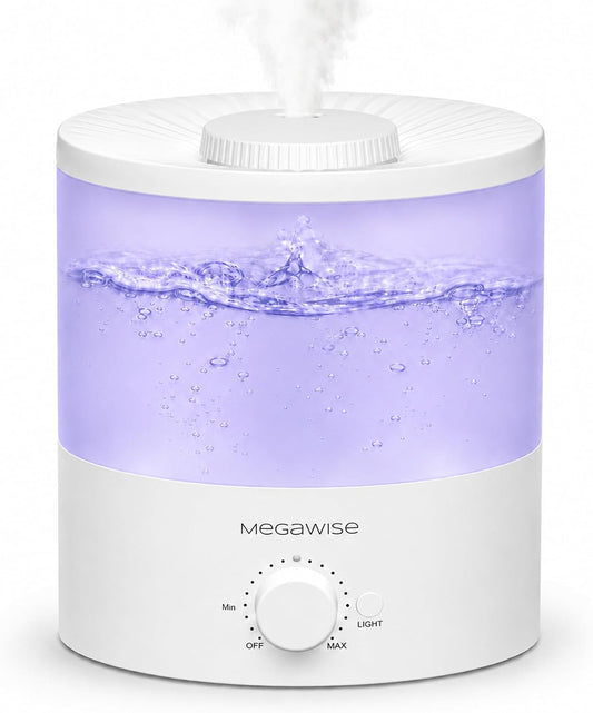 MEGAWISE Sleek 2L Humdifier for Bedroom, Baby,Plant, 24dB Cool Mist Ultrasonic humidifiers, Colorful Night Light, Top-Refill 1 Gal Essential Oil Diffuser, Auto Shut Off