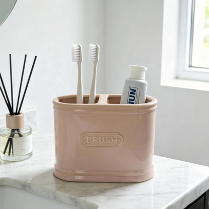 Dusty Pink Ceramic Toothbrush Holder，Bathroom countertop Organizer，Large Capacity