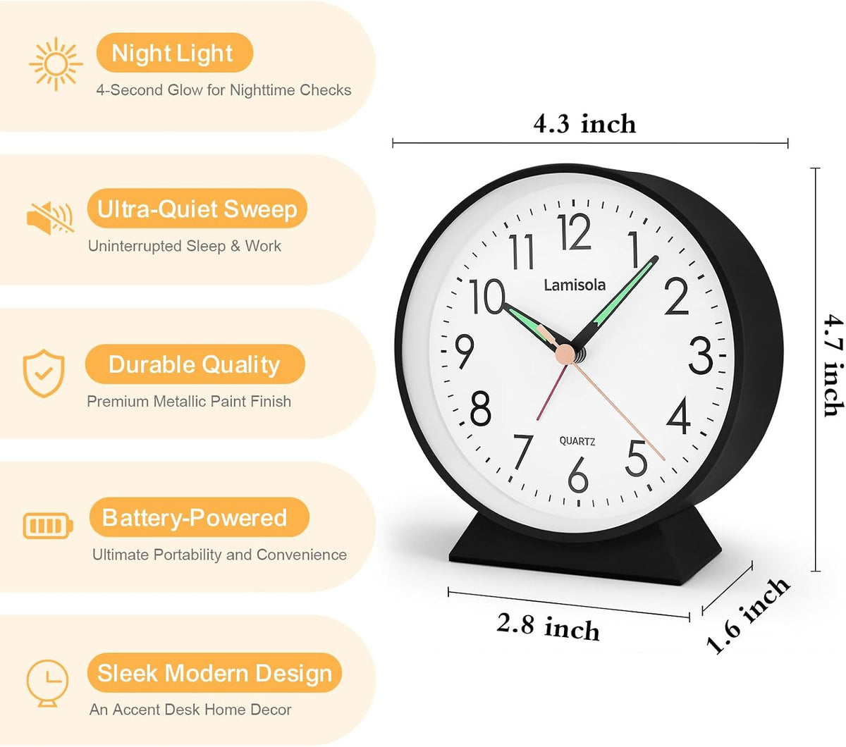 4.5 Inch Small Desk Clock Battery Analog Alarm Clock for Bedroom, Black