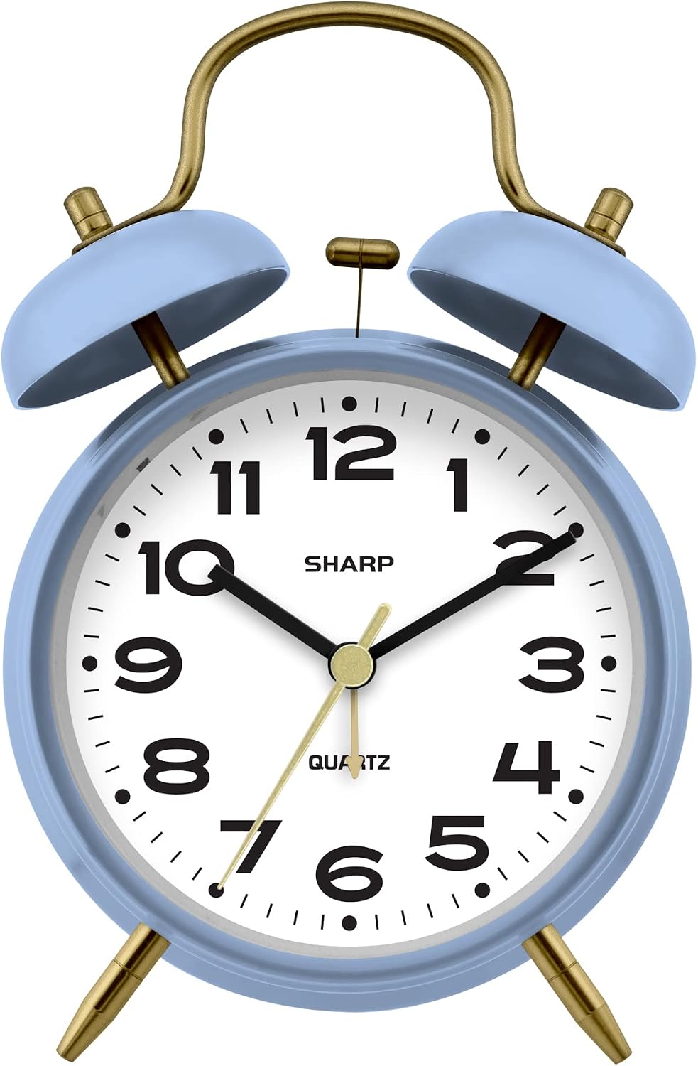 Sharp 4-Inch Twin Bell Alarm Clock for Heavy Sleepers (Matte Navy) | Extra-loud metal bell alarm, quiet quartz movement, press-button backlight, rustic bronze accents, battery operated