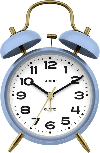 Sharp 4-Inch Twin Bell Alarm Clock for Heavy Sleepers (Matte Navy) | Extra-loud metal bell alarm, quiet quartz movement, press-button backlight, rustic bronze accents, battery operated