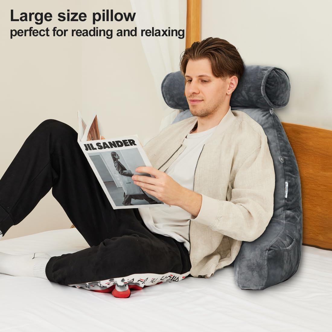 Reading Pillow for Adults Sitting‑Up in Bed, Backrest with Arms | Detachable Neck‑Cushion; Shredded Memory‑Foam; Side Pockets; Washable Velvet Cover; Gaming & TV, Sofa Use