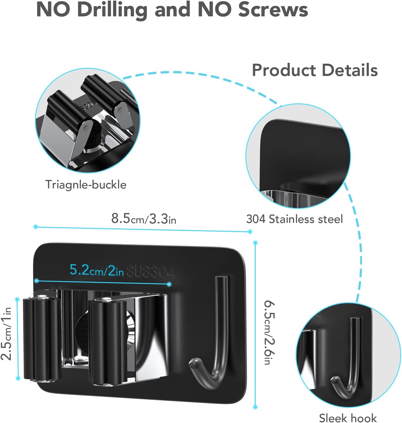 homeasy Broom Holder Wall Mount 4Pcs, Self Adhesive Mop Broom Hanger Black | Self adhesive stainless steel broom organizer with 4 hooks, holds mops, brooms and garden tools without drilling