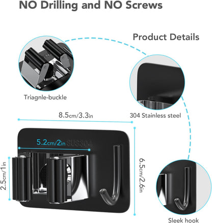 homeasy Broom Holder Wall Mount 4Pcs, Self Adhesive Mop Broom Hanger Black | Self adhesive stainless steel broom organizer with 4 hooks, holds mops, brooms and garden tools without drilling