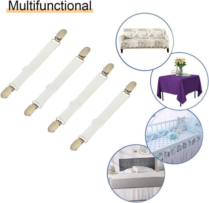 Adjustable Bed Sheet Straps Clips, Elastic Mattress Sheet Fasteners Holder and Suspenders, Grippers to Hold Sheet, Mattress, Sofa, Couch, Table Cloth, Ironing Board Cover, Black