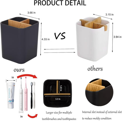 Bamboo Toothbrush Holder for Bathrooms Toothpaste Organizer - Black | Detachable Inserts, 3 Slots, Bathroom Counter Organizer, for Kids Electric Toothbrushes, Floss, Razors