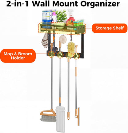 Broom Holder Wall Mount with Shelf, Black, L | 3 in 1 Broom and Mop Organizer, Wall Hanging, For Laundry, Garage, Utility, Vacuum Stand Alternative