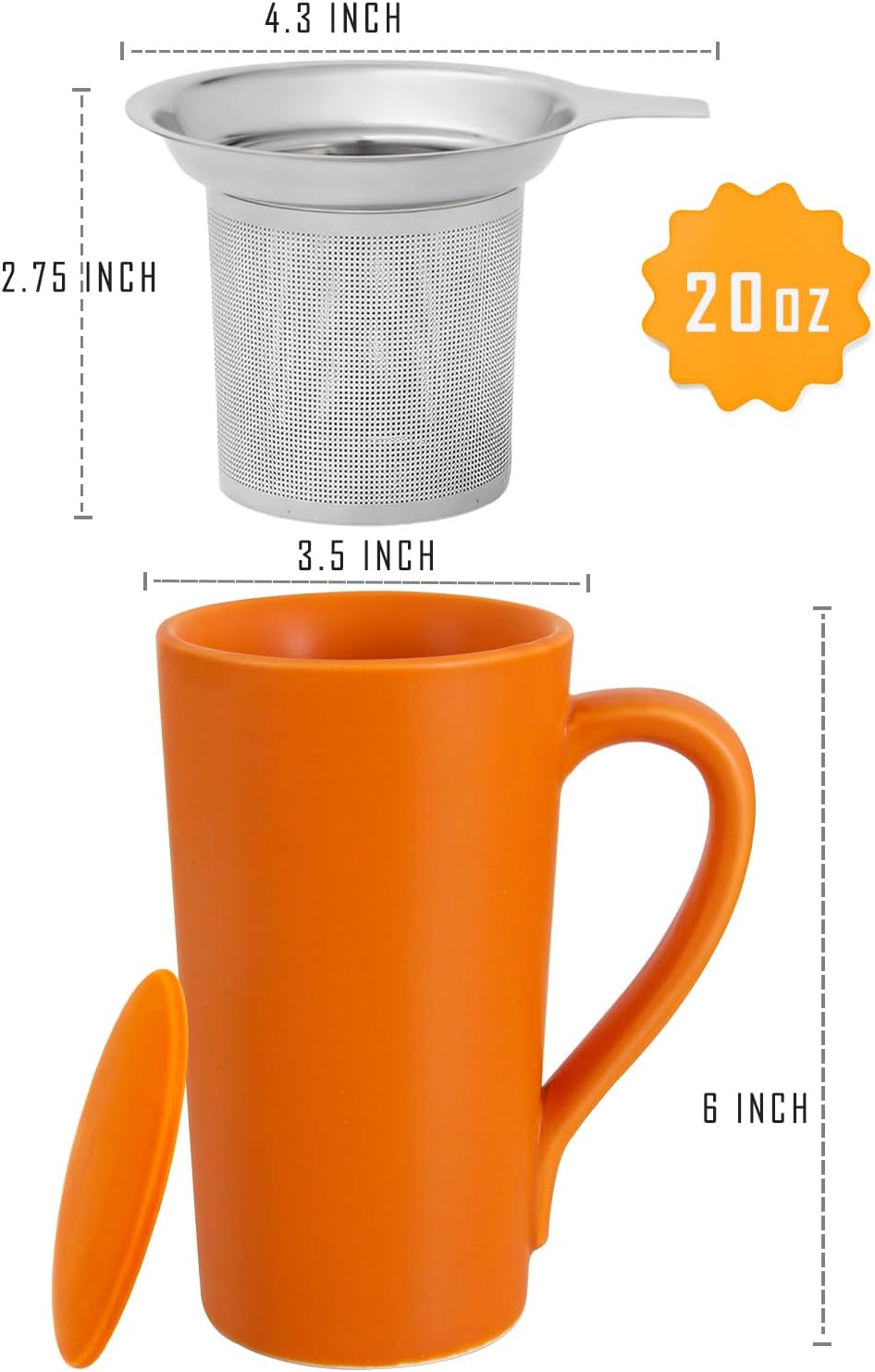 Tea Cup with Infuser and Lid,20 oz Orange Tea Mug with Handle | Ceramic Strainer Cup for Steeping Loose Leaf Gifts for tea Lovers