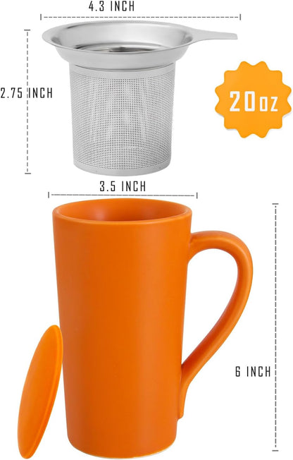 Tea Cup with Infuser and Lid,20 oz Orange Tea Mug with Handle | Ceramic Strainer Cup for Steeping Loose Leaf Gifts for tea Lovers