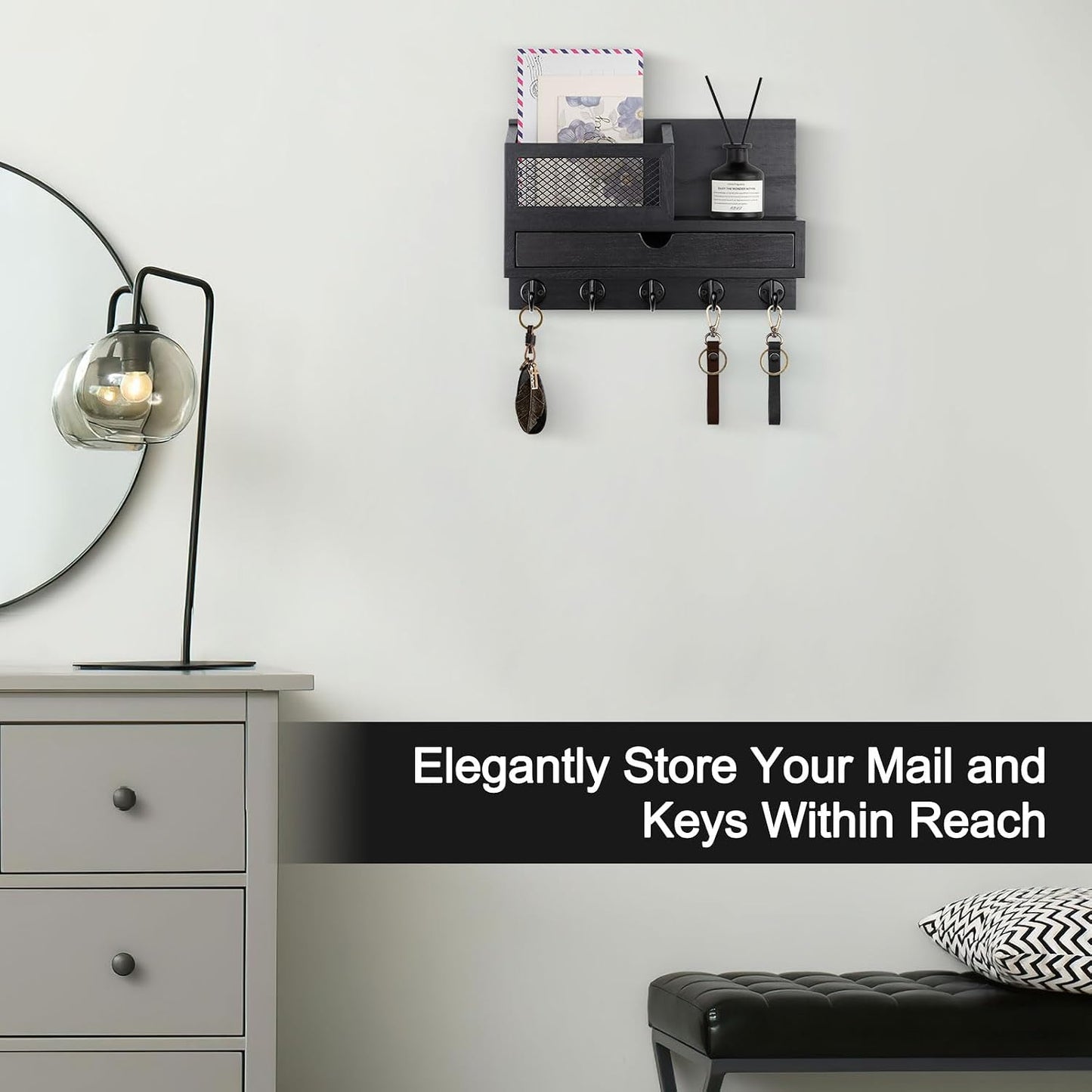 Key Holder for Wall with 5 Key Hooks and Storage Drawer | Key Holder Wall Mount, Mail Organizer for Entryway Living Room Farmhouse Home Decor