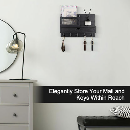 Key Holder for Wall with 5 Key Hooks and Storage Drawer | Key Holder Wall Mount, Mail Organizer for Entryway Living Room Farmhouse Home Decor
