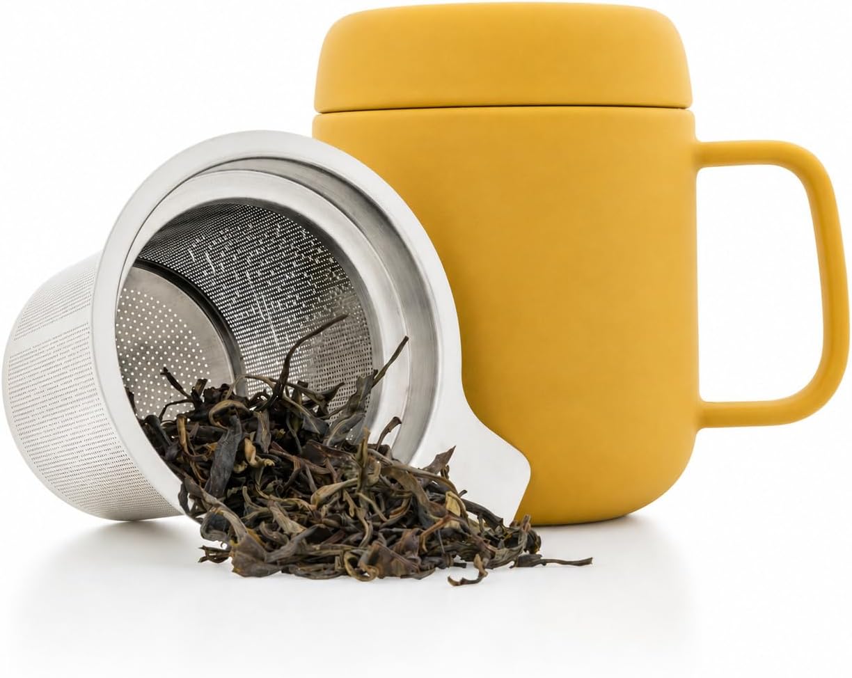 Tealyra - Sumo Porcelain Loose Tea Steeping Mug - 15oz/450 ml Ceramic Tea Cup with Infuser and Lid/Coaster - Extra Fine Stainless Steel Infusion Strainer - For Home or Office - Yellow