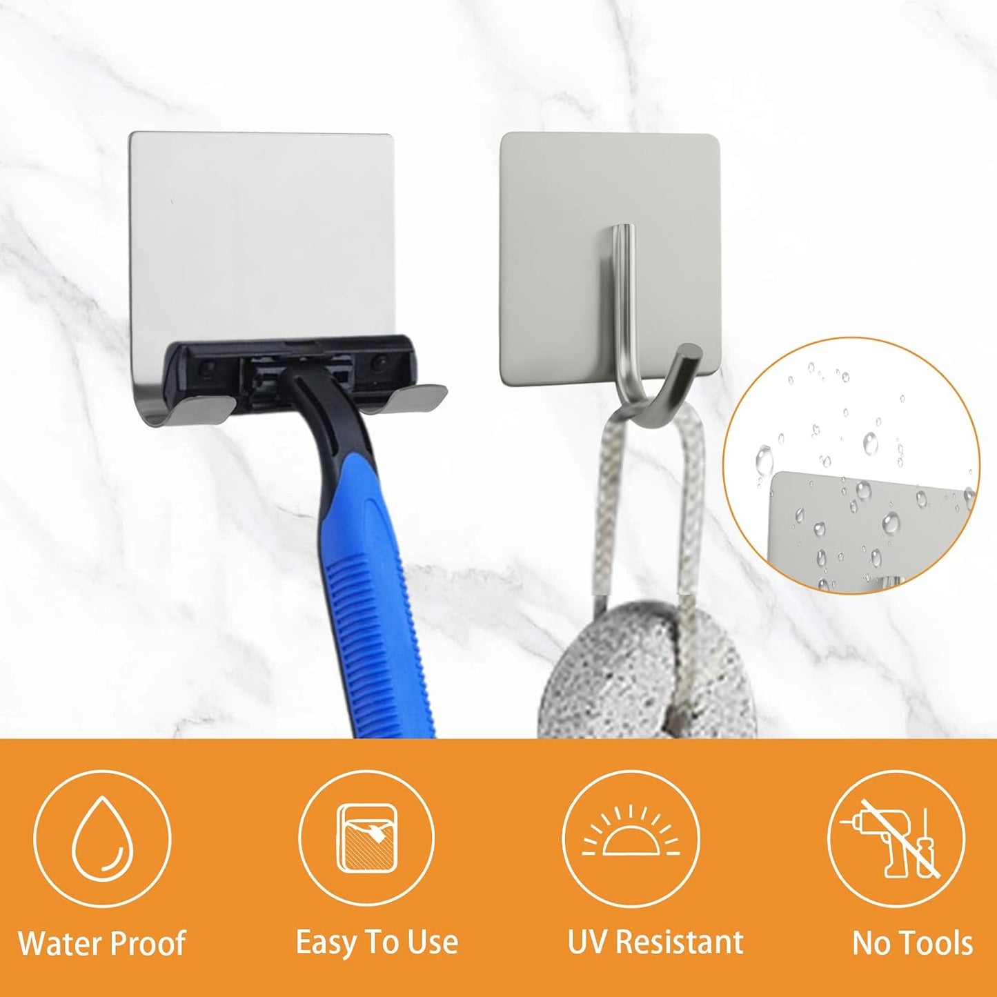 MOROBOR 4 Pcs Shower Squeegee Adhesive Hook, All-Purpose Scraper Holders Towel Hooks Stainless Steel Waterproof Storage Hook Bath Accessories for Kitchen & Bathroom（Black）