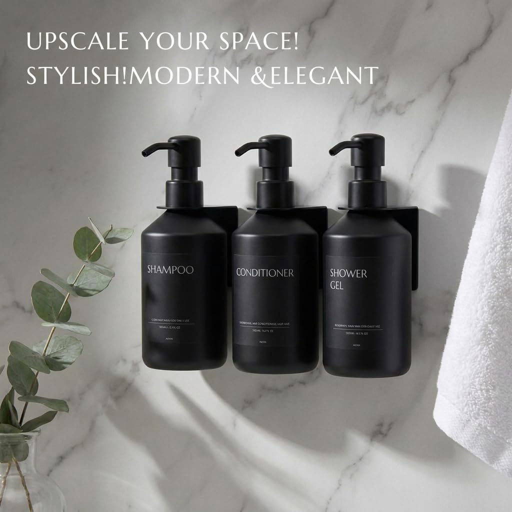 Shampoo and Conditioner Dispenser Set of 3 for Wall Mount | 16.9 fl oz Drill Free Shower Soap Bottles,Refillable Body Wash Dispensers for Bathroom Decor (Amber Bottles + Bamboo Pumps)