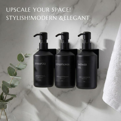 Shampoo and Conditioner Dispenser Set of 3 for Wall Mount | 16.9 fl oz Drill Free Shower Soap Bottles,Refillable Body Wash Dispensers for Bathroom Decor (Amber Bottles + Bamboo Pumps)