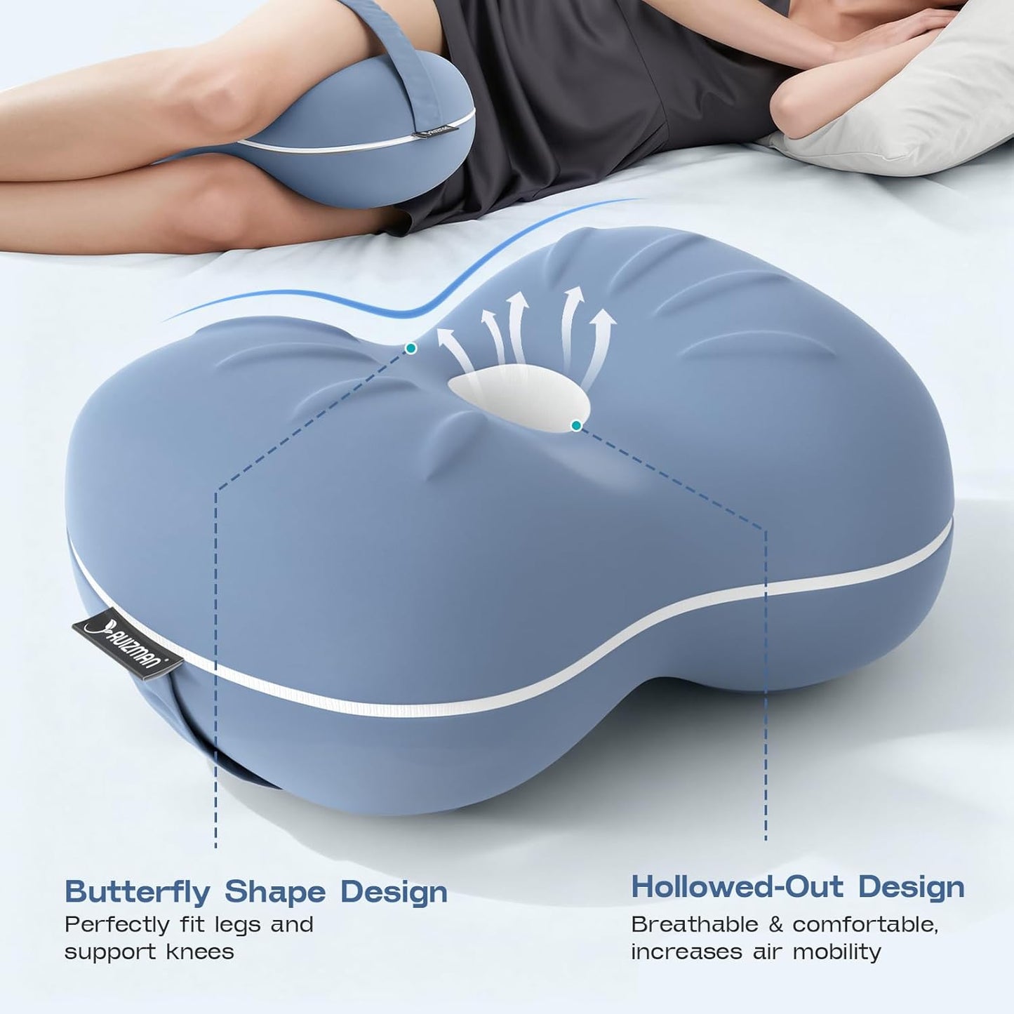 Knee Pillow for Side Sleepers - Cooling Pillow Between Legs for Side Sleeping - Memory Foam Knee Pillow with Strap for Hip Pain & Spine Alignment (Blue)