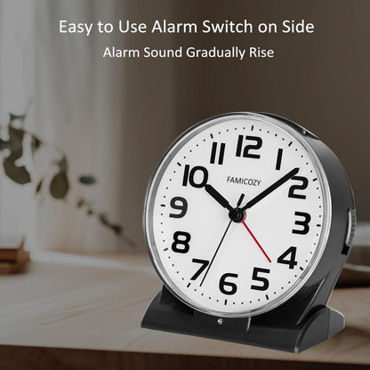 FAMICOZY Automatically Backlighted Alarm Clock,Silent No Ticking for Seniors Vision Impaired,Easy to Set,Big Numbers,Ascending Alarm,Gentle Wake,Snooze,2 AA Battery Operated,Black