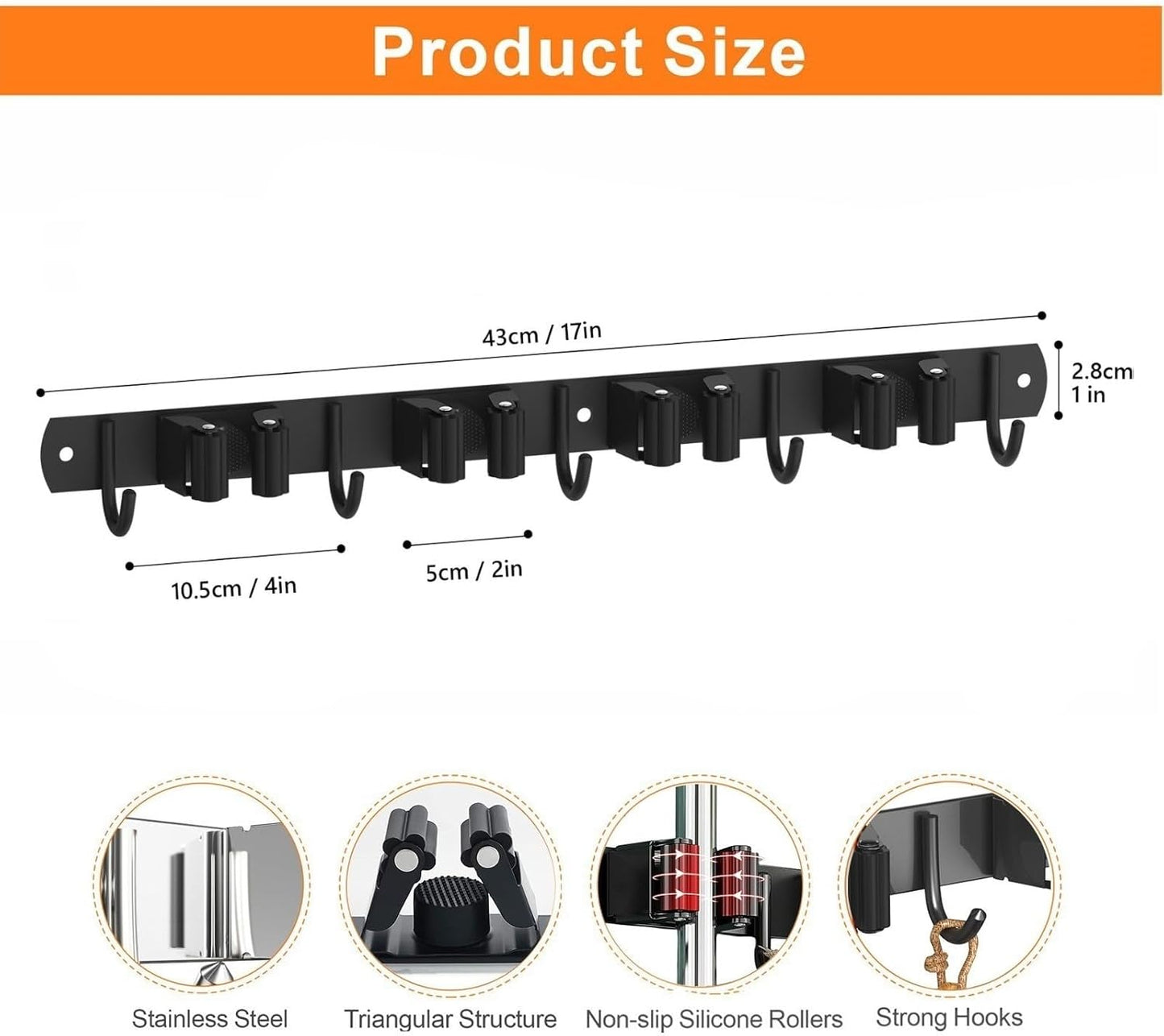 CUXIXA Mop and Broom Holder Wall Mount, Upgraded Broom Organizer Wall Mount, Stainless Steel Broom Hanger Wall Mount for Home Kitchen Garden Laundry Garage (3 Racks with 4 Hooks)