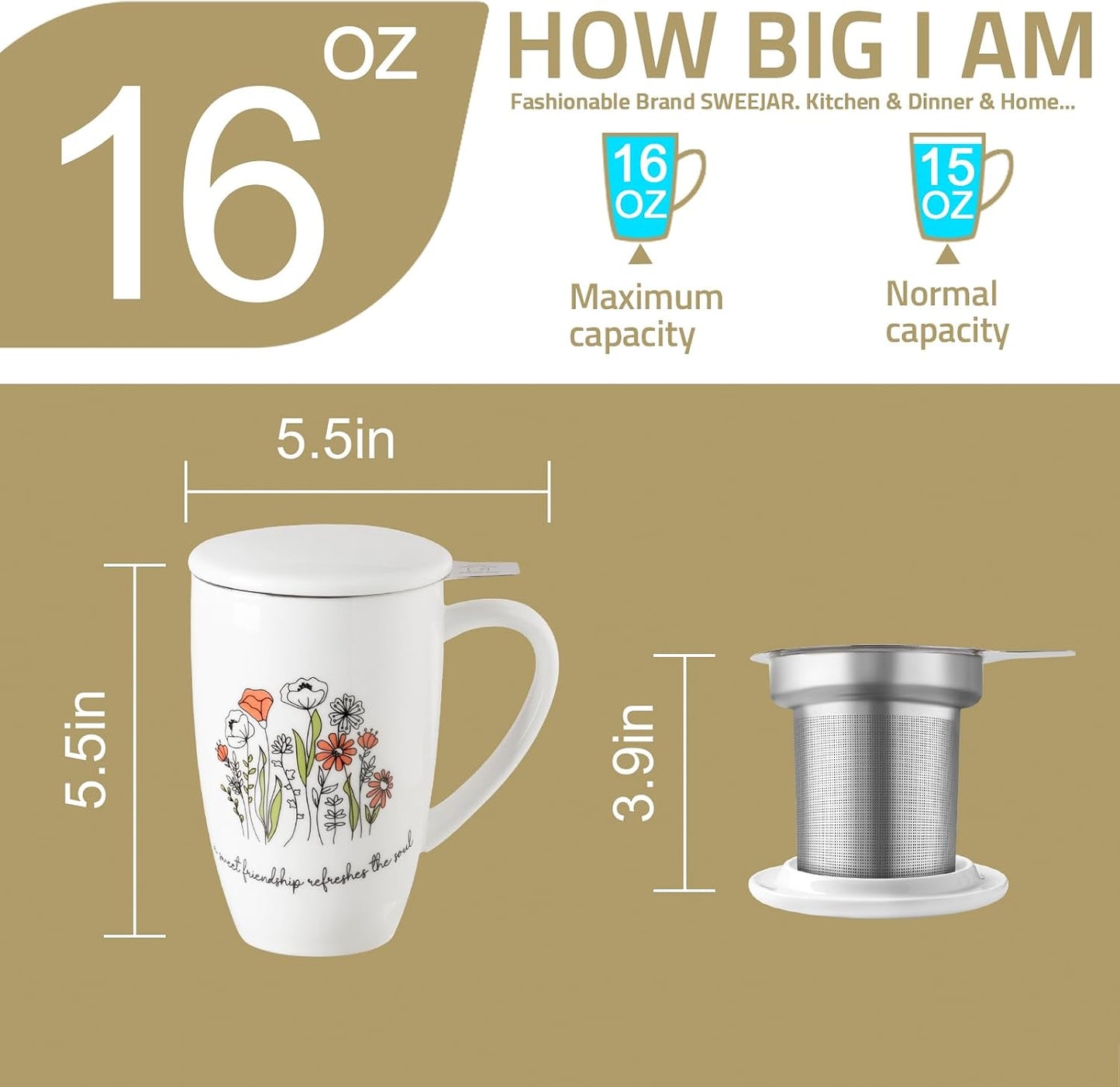 Sweejar Porcelain Tea Infuser Mug with Lid, 16 oz Teacup with Strainers for Loose Leaf Tea, Microwave and Dishwasher Safe Coffee Mug(Purple)