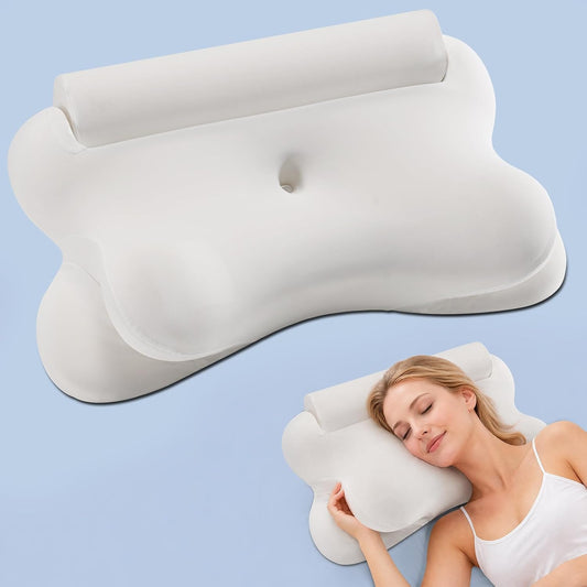 DUMOS 2-in-1 Contoured Neck Pillow, Slow Rebound Cooling Memory Foam with Detachable Round Support Roll, Multi Support Bolster for Neck Waist Ankle, Washable Cover for Side Back Stomach Sleepers White