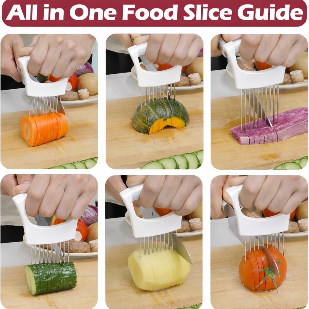 Onion Holder Slicer with Stainless Steel Blades, Vegetable Chopper for Tomato, Potato, Avocado, Lemon, Food Cutting Assistant Tool