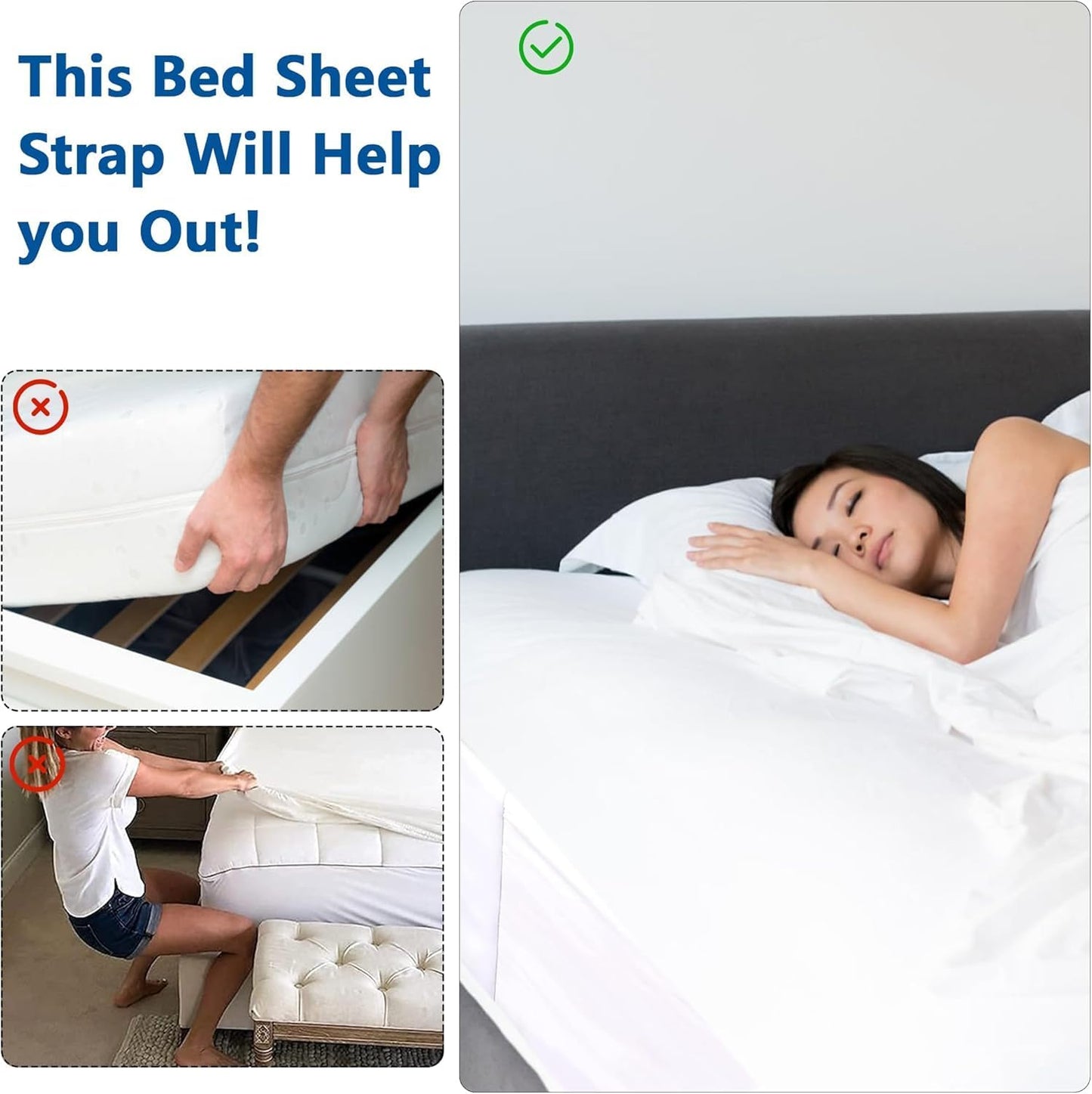 Bed Sheet Holder Straps:7.9inch Wide Bed Sheet Fasteners,Fitted Sheet Straps to Hold Sheets on The Bed,Elastic Bands Bed Sheet Straps for All Mattress Sizes (Single（38" x 75"）)