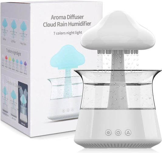 cjc Cloud Rain Humidifier for bedroom with Soothing Rain Sounds Sleep Aid, Waterfall Night Light, Mushroom Design Air Moisturizer，Room Decor Aesthetic for living room (White)