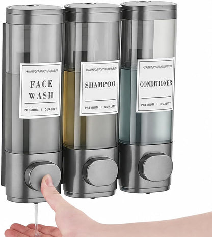 Wall Mounted Shower Soap Dispenser 3 Chamber,No Drill Shower Dispenser | Shampoo and Conditioner Dispenser for Bathroom Hotel Large Capacity, each 300ml with two waterproof labels,Gold
