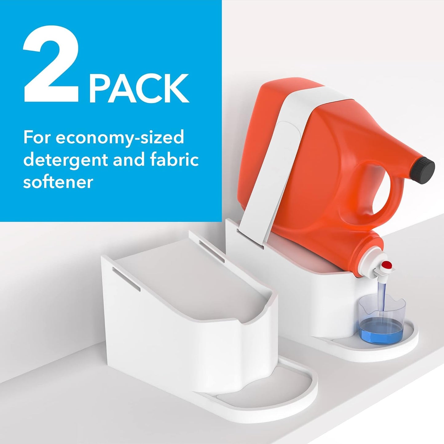 IMPRESA Laundry Detergent Stand - 2-Pack, White Drip Catcher & Liner, Laundry Detergent Storage - Hook & Loop Strap & Secure Grip Feet, Room Organization