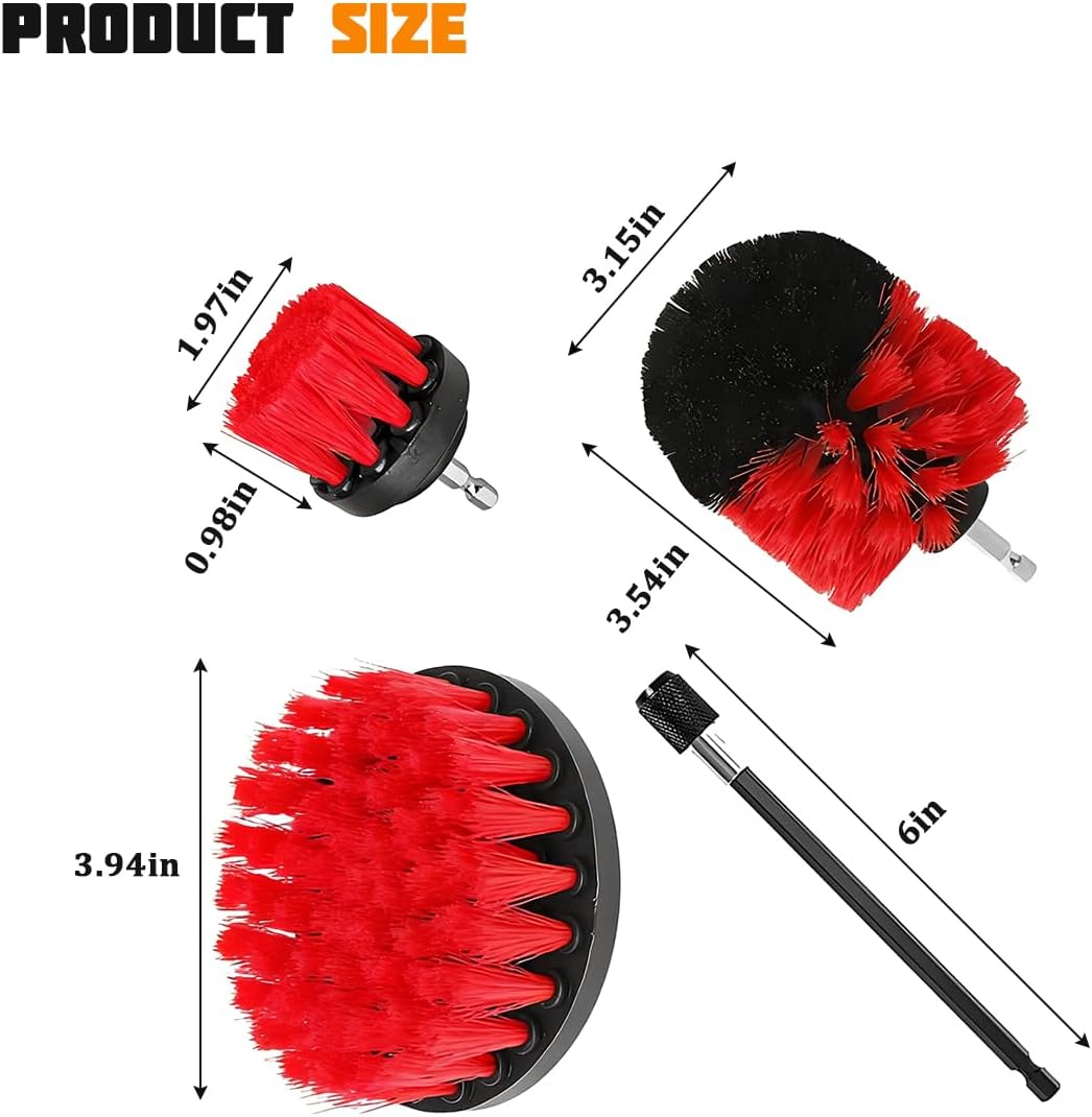 4PCS Drill Brush Attachment Kit with Extension Rod, Red | PP bristles with steel shafts, three brush sizes, quick-change extension rod, follows curved surfaces, compact storage