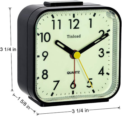 Tinload Small Battery Operated Analog Travel Alarm Clock Silent Non Ticking, Gentle Wake, Ascending Beep Sounds, Snooze,Lighted on Demand, Easy Set(Black)