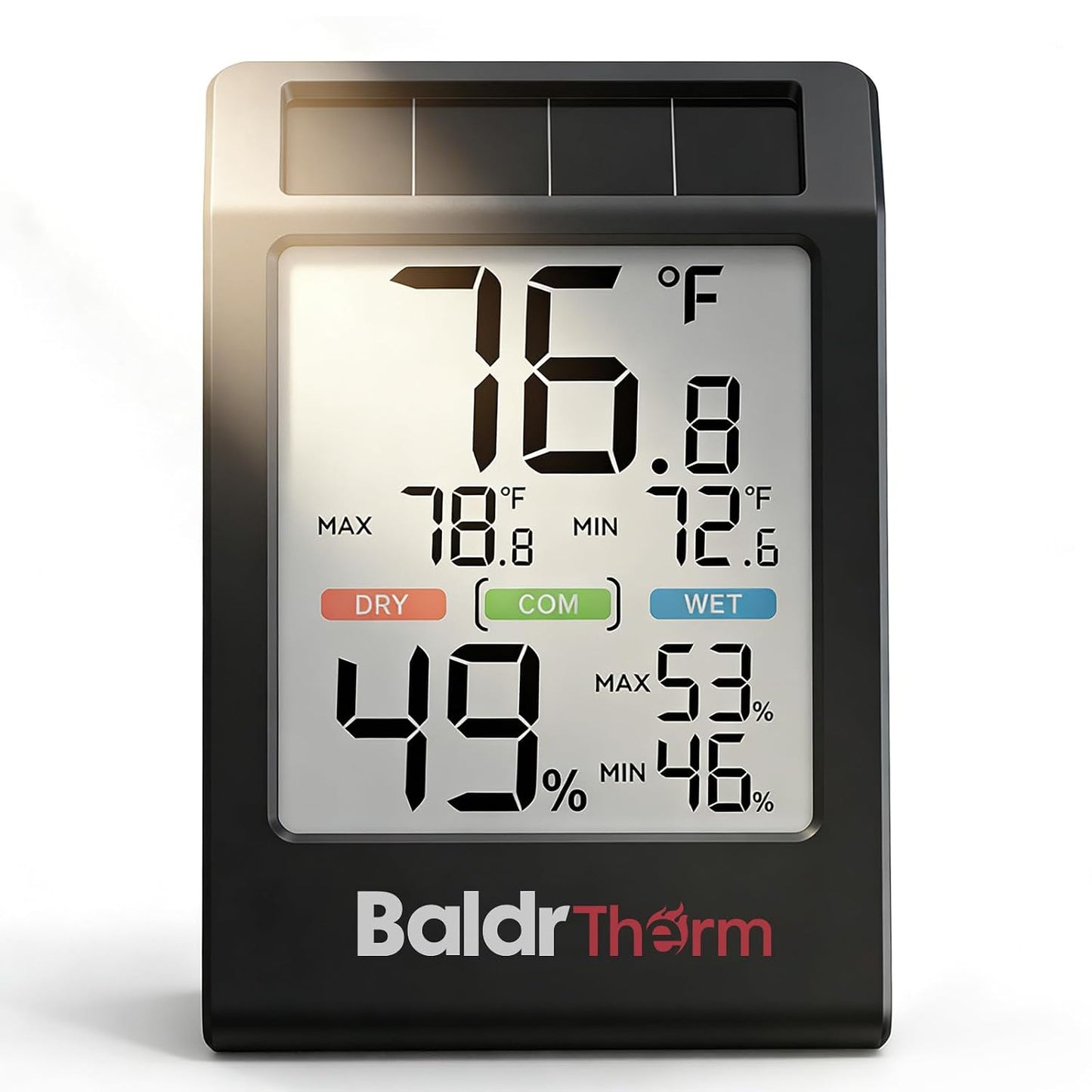 BALDR Solar Indoor Thermometer Hygrometer, Max/Min, Comfort Meter (White) | Solar & Battery Dual Power |No Setup or App Required |Clear Comfort Level Indicator |Flexible Desk or Wall Placement