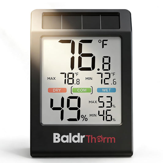 BALDR Solar Indoor Thermometer Hygrometer, Max/Min, Comfort Meter (White) | Solar & Battery Dual Power |No Setup or App Required |Clear Comfort Level Indicator |Flexible Desk or Wall Placement