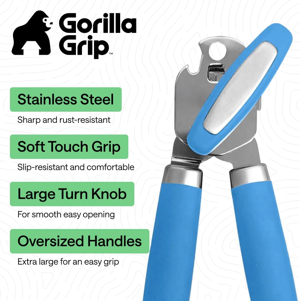 GORILLA GRIP Original Model Stainless Steel Smooth Edge Manual Can Opener and Bottle Openers, US Designed, Comfortable Handle, Oversized Handheld Turn Knob, Multifunctional Kitchen Tool, Gray