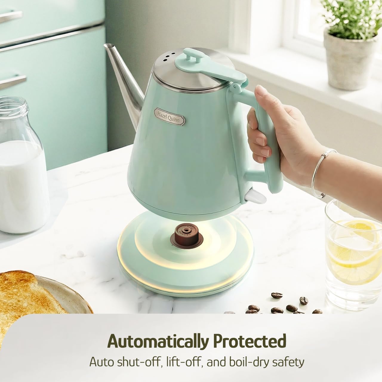 Hazel Quinn Electric Kettle, 1L/34oz Small Tea Kettle - Pearl White | 800W Fast Boil, 304 Stainless Steel Interior, Double-Wall Cool Touch, Gooseneck Spout, Auto Shut-Off, BPA-Free Cordless Home