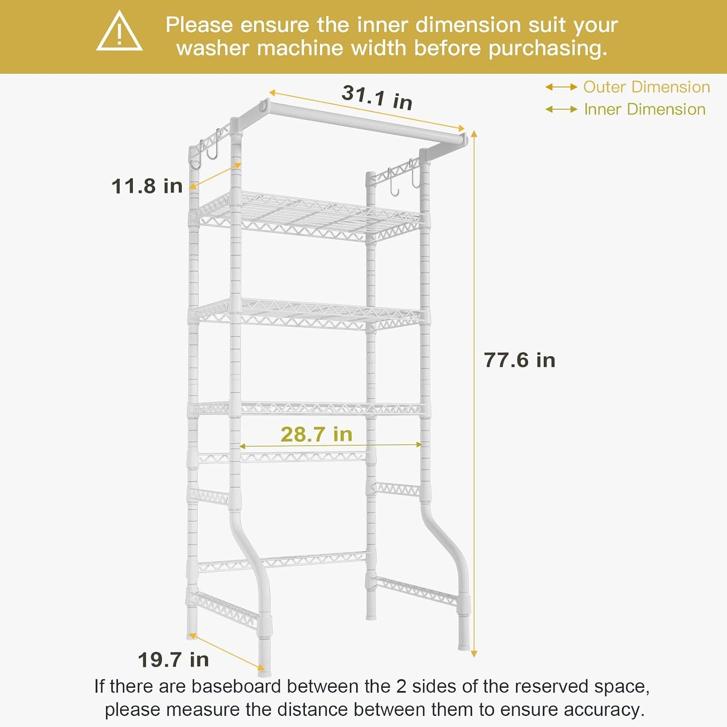 U11 Over Washer and Dryer Shelves, 3 Tiers Laundry Room Storage and Organizer Standing Shelf, Metal Freestanding Clothes Drying Rack, 33.9" W x 19.7" D x 77.6" H, Black