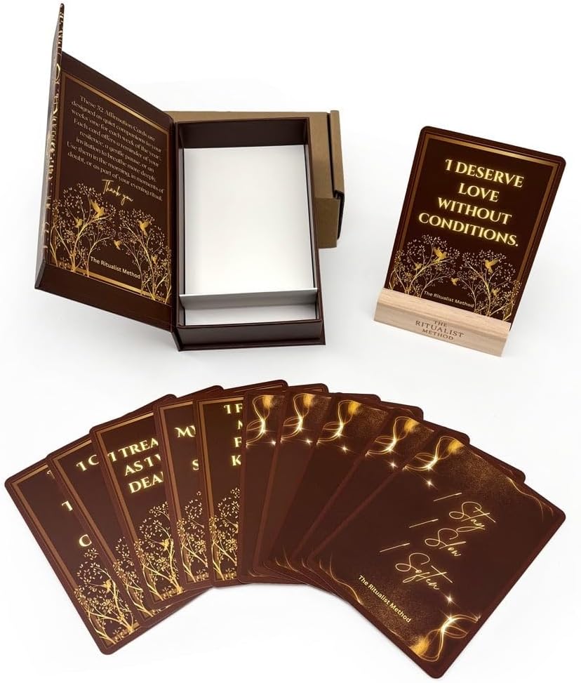 The Ritualist Method Card Deck, 52 Soft Touch Daily Affirmation Cards with an Engraved Wooden Stand in a Giftable Rigid Magnet Closure Box for Calm, Confidence, Mindfullness and Self Care