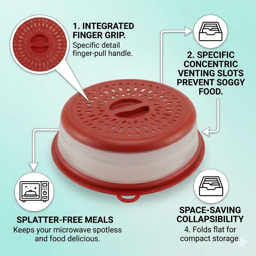 Microwave Splatter Cover for Food – Collapsible, Heat Resistant Vented Lid with Easy-Grip Handle, PP+TPR Plastic, Dishwasher Safe Kitchen Gadget, Green