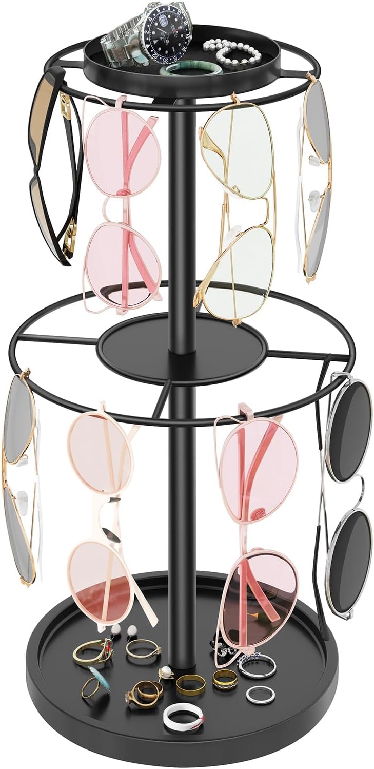 LSK Metal Sunglasses Organizer, Glasses Holder Stand with Storage Tray | Eyeglasses Holder with Anti-Slip Pads for Tabletop, Desk, Dresser, Matte Black