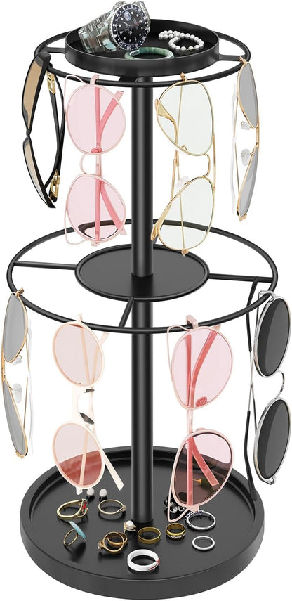 LSK Metal Sunglasses Organizer, Glasses Holder Stand with Storage Tray | Eyeglasses Holder with Anti-Slip Pads for Tabletop, Desk, Dresser, Matte Black