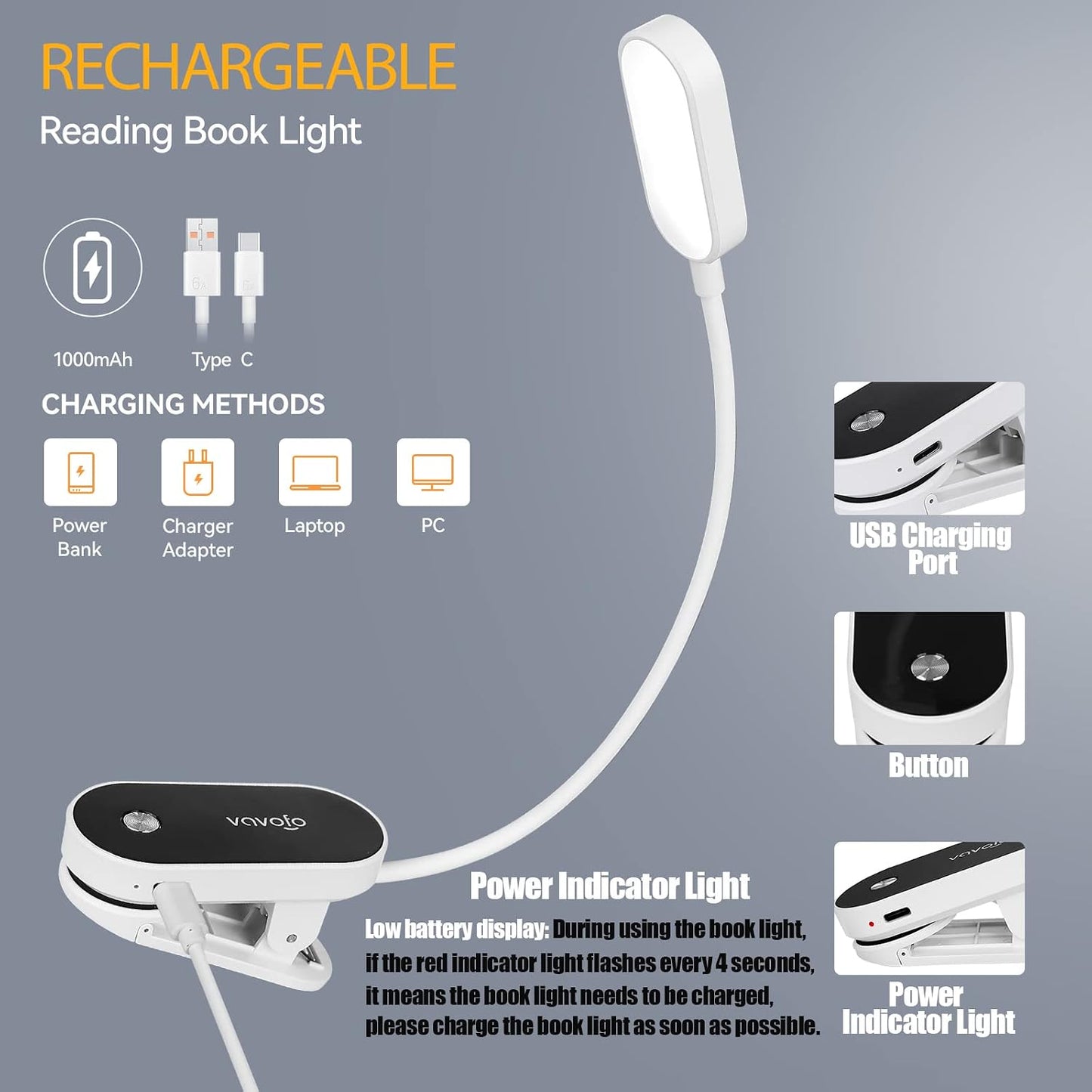 VAVOFO Rechargeable Book Light, 14 LEDs Eye Care Clip On Amber Reading Light for Bookworms Reading in Bed with 9 Colors 9 Brightness (Blue)