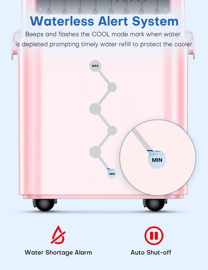 Portable Air Conditioners 4 Modes&3 Speeds,4 Ice Packs, Waterless Alert System, 12H Timer, Remote,1 Gal Detachable Water Tank, 70°Oscillation Windowless Evaporative Air Cooler for Room Office