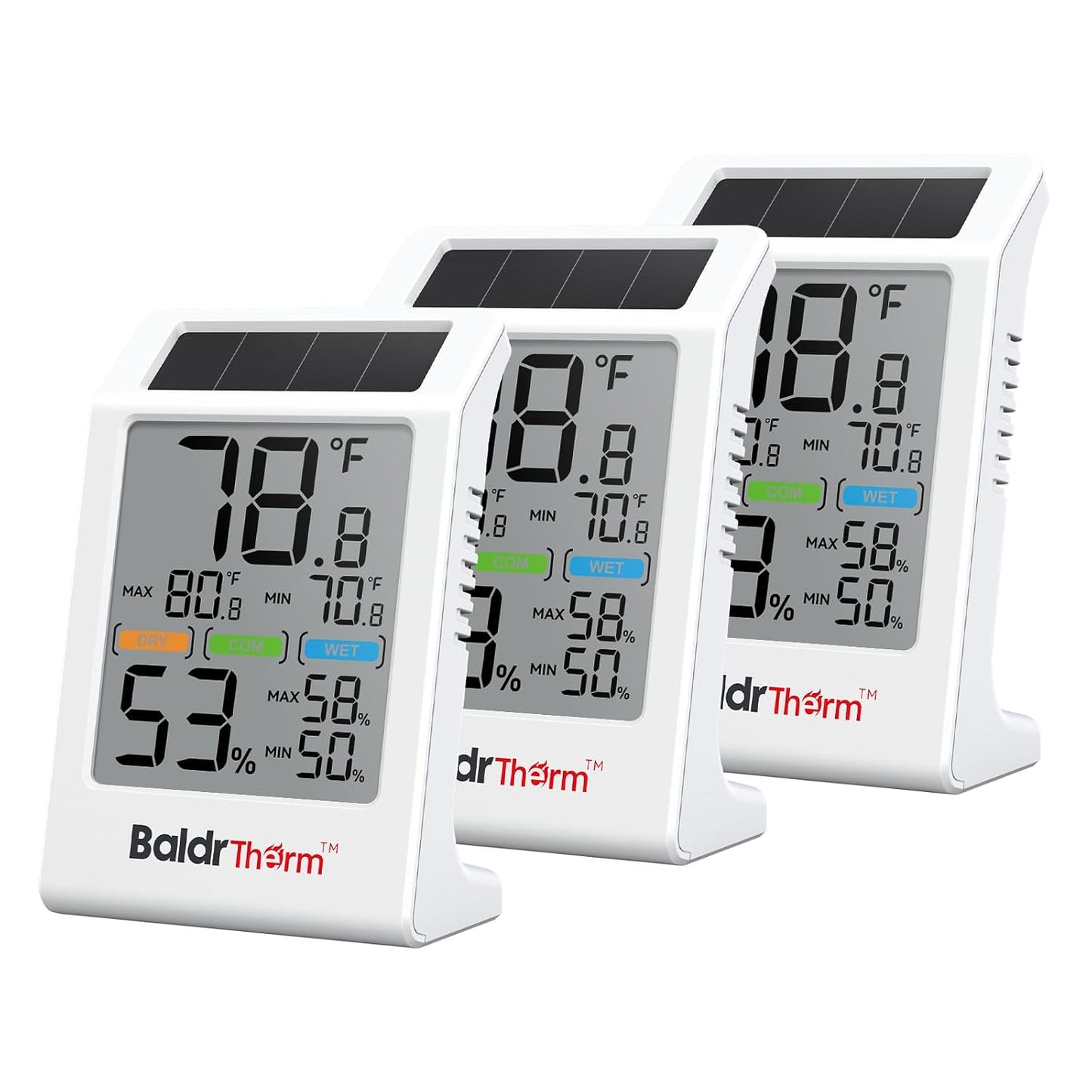Room Thermometer Indoor Humidity Meter Solar Powered with Max/Min Memory & Comfort Indicator - 3.2" Large Display for Home, White