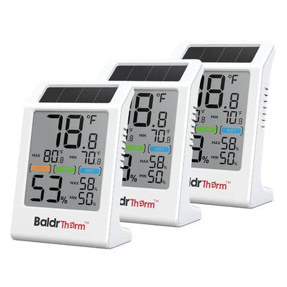 Room Thermometer Indoor Humidity Meter Solar Powered with Max/Min Memory & Comfort Indicator - 3.2" Large Display for Home, White