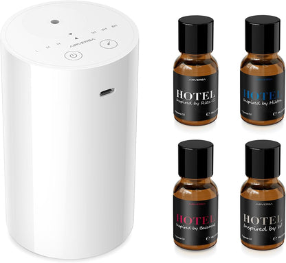 Airversa Waterless Essential Oil Diffuser Starter Kit with 4 x 10mL Hotel Scent Fragrance Oil, Battery Operated Mini Scent Air Machine Portable Diffuser for Home Car Office, AN8 Kit Black