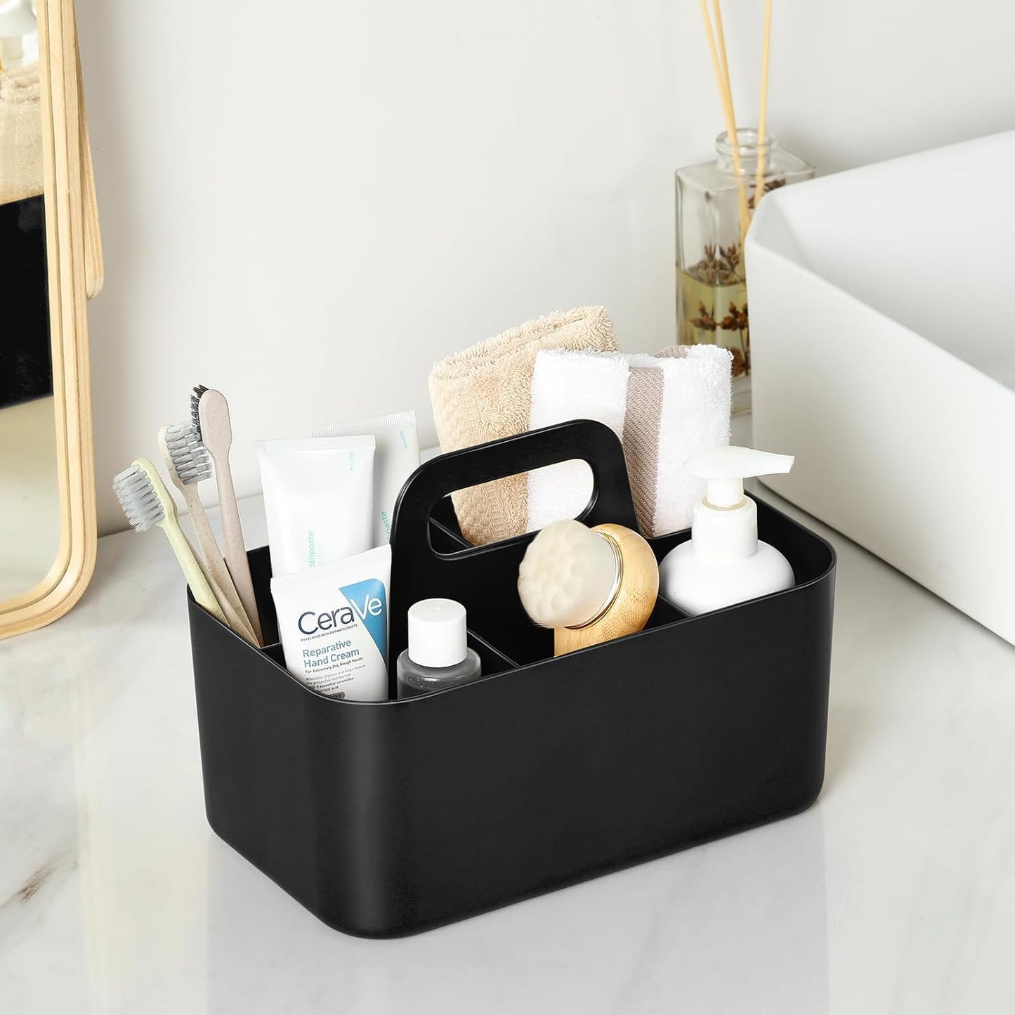 Multiuse Caddy Organizer with Handle, Portable Divided Plastic Tote Bin - Art Craft, Stationary Pen Marker Crayons, Makeup Hair Supplies Storage - Bathroom, Classroom, Dorm, Office, Desk Holder - Grey