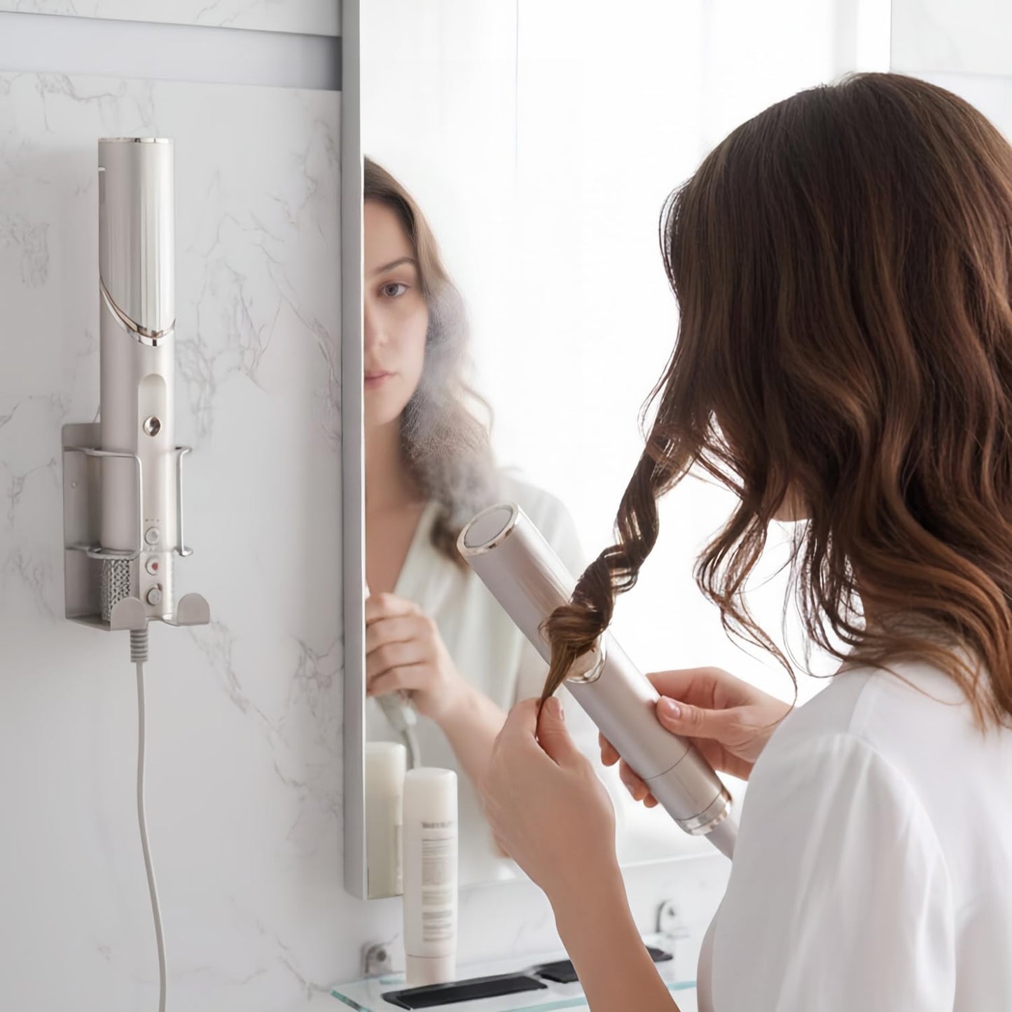Hair Dryer Holder Wall Mounted, Stainless Steel Blow Dryer Holder for Bathroom, Hair Dryer and Straightener Holder Adhesive or Drilling, Hair Tool Organizer for Salon Barber Shops Banjekt