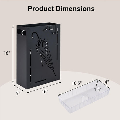 Goplus Metal Umbrella Holder, Indoor Umbrella Stand Freestanding, Black | Removable Drip Tray, 4 Hanging Hooks, Heavy-Duty Rectangular Umbrella Holders for Entryway, Home Office, 11 x 5 x 16 Inch